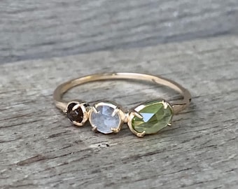 14 Karat Gold Plated Peridot Labradorite Smoky Quartz Ring | Dainty Ring | Engagement Ring | Vintage Ring | Solitaire Ring