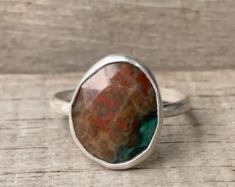 Elegant Free Form Faceted Brick Red Green Ocean Jasper Sterling Silver Ring | Size 10.5-11.5 | Jasper Ring