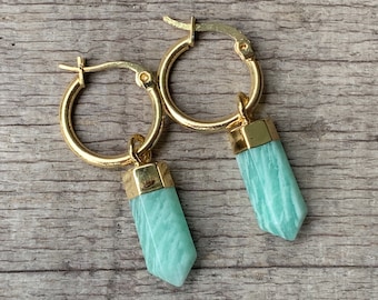 Amazonite Crystal Point Earrings with Gold Hoops | Edgy Gold Hoop Earrings | Boho Earrings | Statement Earrings | Blue Stone Earrings