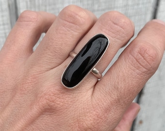 Long Cushion Cut Black Onyx Sterling Silver Ring | Onyx Ring | Rocker | Edgy | Gifts for Her | Black Gemstone Ring | Made to Order
