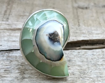 Light Green Sea Nautilus Shell Mother of Pearl and Resin Mermaid Sterling Silver Ring | Shell Ring | Beachy | Boho | Snail Ring | Fossil