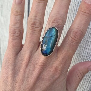 Large Oval Bright Blue Flash Labradorite Sterling Silver Ring with Scallop Setting Large Oval Blue Stone Ring Protection Stone Size 7 image 3