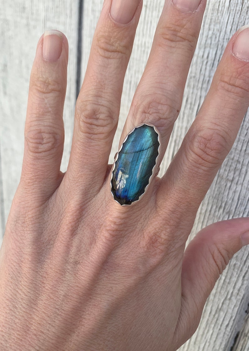 Large Oval Bright Blue Flash Labradorite Sterling Silver Ring with Scallop Setting Large Oval Blue Stone Ring Protection Stone Size 7 image 3