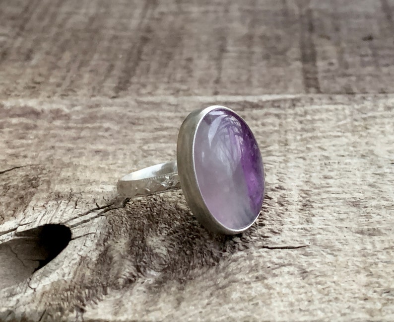 Amethyst Ring Boho Healing Crystal One of a Kind White and Purple Lace Amethyst Sterling Silver Ring with Patterned Ring Band