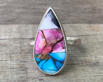 Pear Shaped Multi Stone Turquoise Inlay Sterling Silver Ring | Made to Order | One of a Kind Ring | Boho | Southwest Vibes