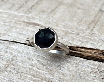Elegant Modern Cube Cut Geometric Black Onyx Octagon Sterling Silver Ring | Onyx Ring | Rocker | Edgy | Goth