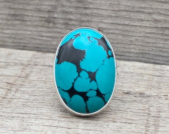 Oval Tibetan Turquoise Sterling Silver Statement Ring | Turquoise Ring | Boho | Turquoise Ring | Gifts for Her | Blue Black Stone Ring