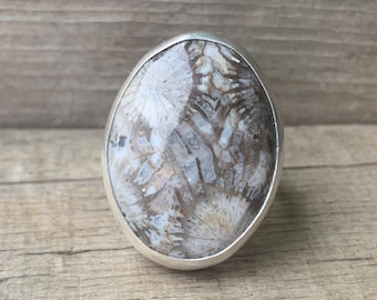 Stunning Rare Oval Gray Coral Fossil Sterling Silver Ring | Starburst Ring | Size 8.25-8.75 | Gray Coral Ring | Fossil Ring