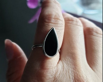 Minimalist Teardrop Pear Shape Black Onyx Sterling Silver Statement Ring | Onyx Ring | Boho | Goth | Made to Order | Black Gemstone Ring