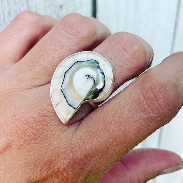 White Sea Nautilus Shell with Mother of Pearl and Resin Sterling Silver Ring | Mermaid Jewelry | Boho | Shell Ring | Nautilus Ring