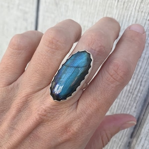 Large Oval Bright Blue Flash Labradorite Sterling Silver Ring with Scallop Setting Large Oval Blue Stone Ring Protection Stone Size 7 image 1