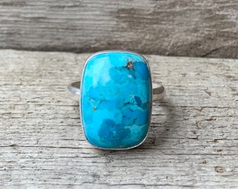 Bright Blue Cushion Cut Tibetan Turquoise Sterling Silver Ring | Rectangle Blue Stone Ring | Boho | Turquoise Ring | December Birthstone