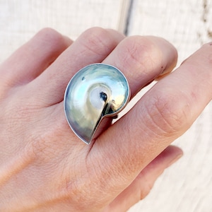 Light Blue Pearl Sea Nautilus Shell with Mother of Pearl Sterling Silver Ring | Mermaid Jewelry | Nautilus Ring | Boho Ring | Statement Ring