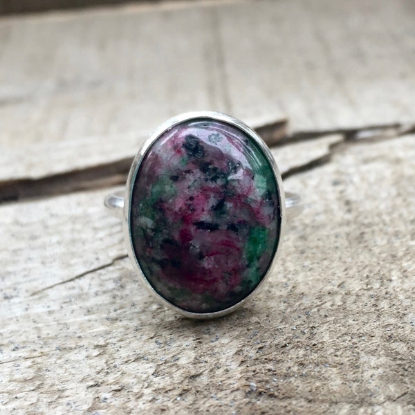 Elegant Oval Ruby Zoisite Minimalist Ring in Sterling Silver | Ruby Ring | Choose Your Stone | Gifts for Her | Boho