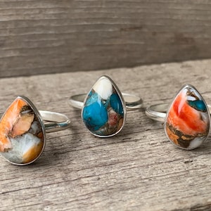 Teardrop Spiny Oyster Copper Turquoise Sterling Silver Ring | Turquoise Ring | Multi Colored Turquoise | December Birthstone