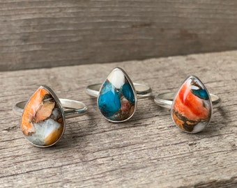 Teardrop Spiny Oyster Copper Turquoise Sterling Silver Ring | Turquoise Ring | Multi Colored Turquoise | December Birthstone