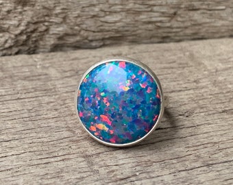 Sparkly Round Dark Blue Opal Sterling Silver Ring  | October Birthstone Ring | Gifts for Her | Sparkly Stone Ring | Opal Ring