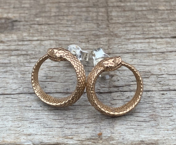 Bronze Ouroboros Snake With Sterling Silver Post Earrings