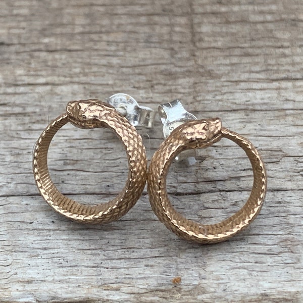 Bronze Ouroboros Snake with Sterling Silver Post Earrings | Rebirth Earrings | Gold and Silver Stud Earrings | New Age Earrings