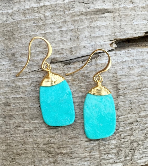 Gold Wire Wrapped Blue Turquoise Dangle Drop Boho Chic Earrings Turquoise  Earrings Blue Green Stone Earrings Gold Statement Earrings