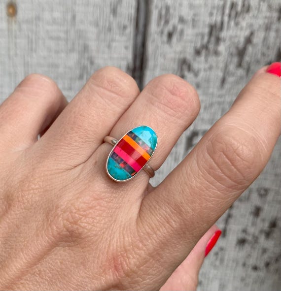 Small Oval Striped Turquoise Opal Agate Multi Colored Inlay Stone Sterling Silver Ring | Multi Stone Ring | 90's Jewelry | Retro Vibe | Boho