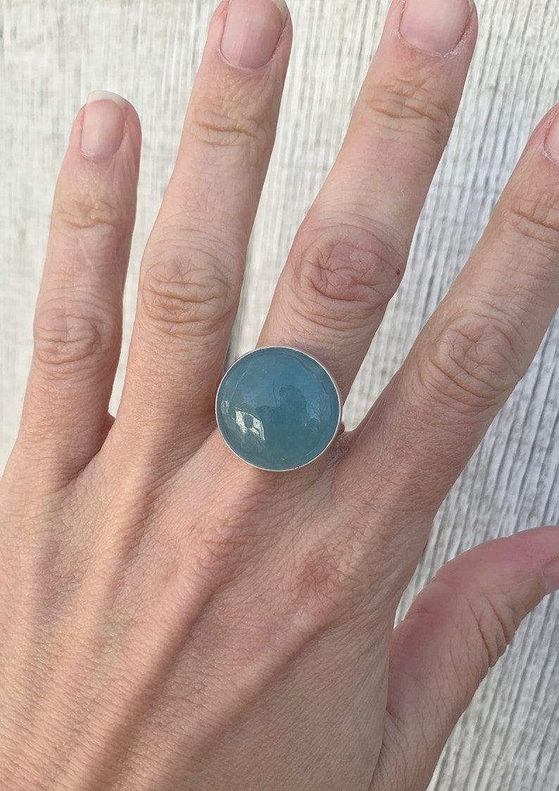 Large Round Blue Aquamarine Sterling Silver Ring Made to Order Ring March Birthstone Ring Blue Stone Ring Gifts for Her Boho image 2