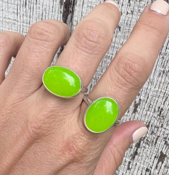 Made to Order Large Oval Neon Green Jadeite Sterling Silver Ring | Made to Order | Green Stone Ring | Jade Ring | Boho | 90s Jewelry