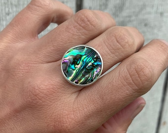 Bright Blue Green or Purple Round Paua Abalone Shell Elegant Ring in Sterling Silver | Beachy | Paua Shell Ring | Boho | Abalone Shell Ring