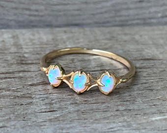 Dainty 14 Karat Gold Plated Simulated Opal Ring | Vintage Ring |  Multi Stone Ring | Stacking Ring | October Birthstone Ring