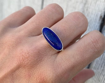 Conjunto horizontal azul cobalto ovalado lapislázuli anillo de plata de ley / anillo de lapislázuli / anillo de piedra azul / anillo de plata / regalos para ella