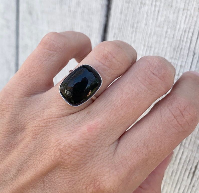 Large Cushion Cut Black Onyx Sterling Silver Ring Onyx Ring Rocker Edgy Gifts for Her Black Gemstone Ring Made to Order image 5