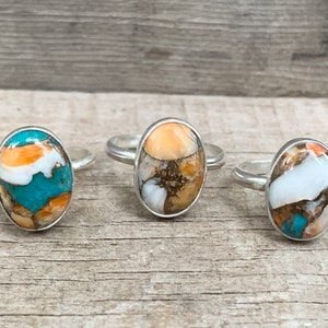 Elegant Oval Spiny Oyster Copper Turquoise Sterling Silver Ring | Turquoise Ring | Multi Colored Turquoise | December Birthstone