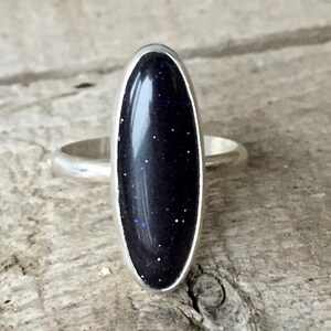 Minimalist Elongated Oval Sparkly Blue Sandstone Sterling Silver Statement Ring | Goldstone Ring | Fairy Ring | Sparkly Gemstone Ring | Boho