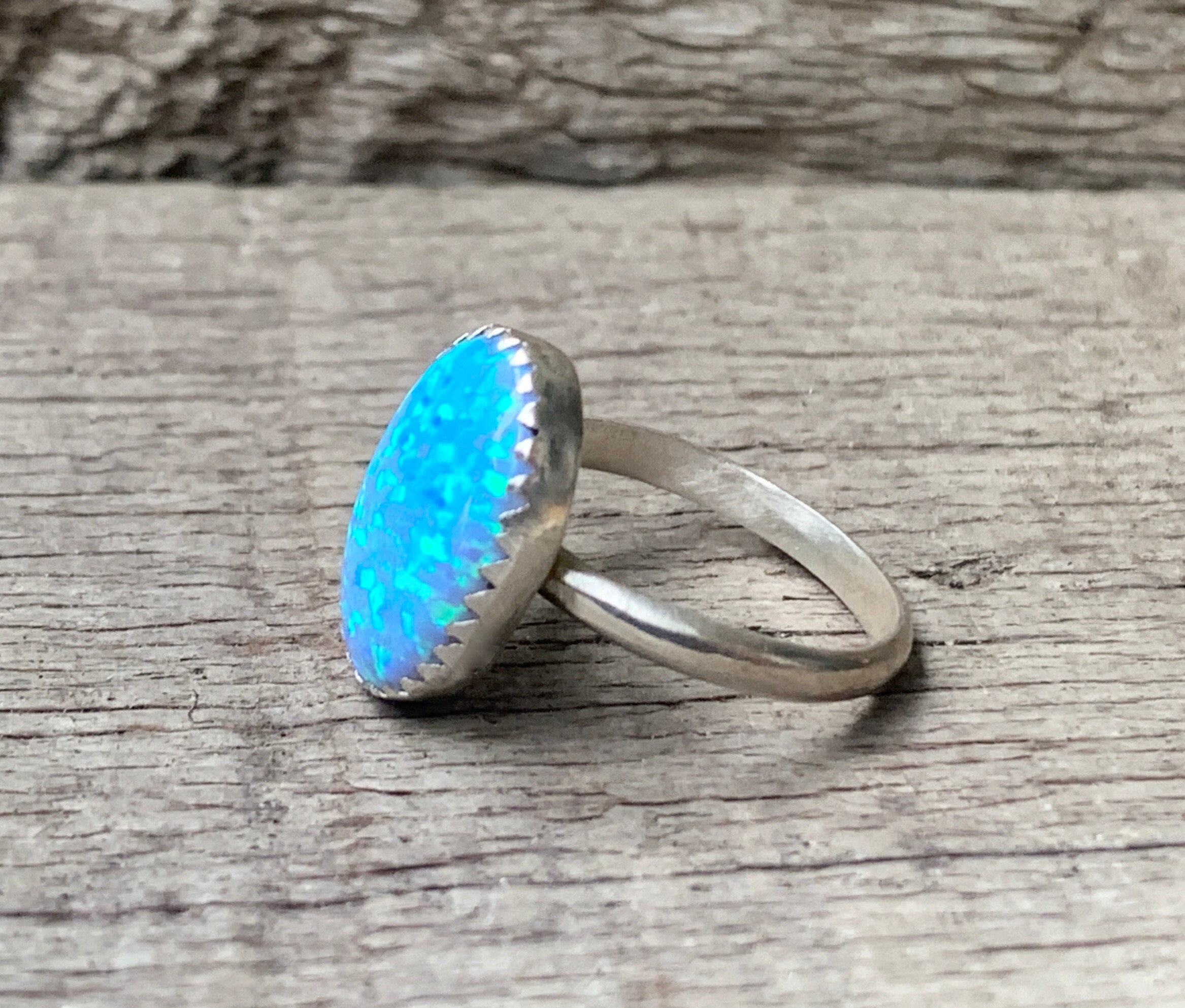 Oval Simulated Blue Opal Elegant Birthstone Ring in Sterling