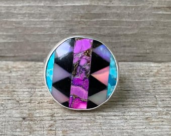 Round Inlay Turquoise Aurora Opal Black Onyx Purple Copper Turquoise Sterling Silver Ring | Inlay Stone Ring | 90's Jewelry | Retro Vibe