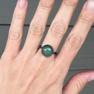 Elegant Round Emerald Green Aventurine Solitaire Ring in Dark Patina or Oxidized Sterling Silver Gunmetal Aventurine Ring Boho image 2