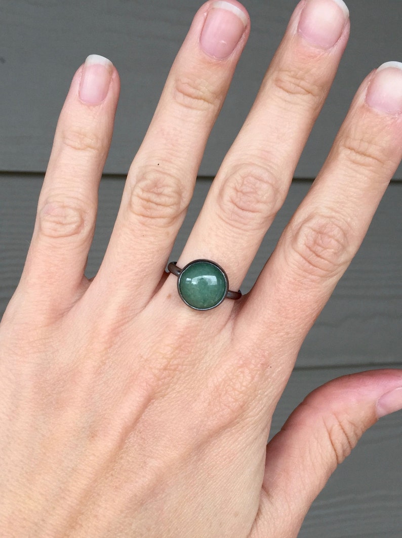Elegant Round Emerald Green Aventurine Solitaire Ring in Dark Patina or Oxidized Sterling Silver Gunmetal Aventurine Ring Boho image 2