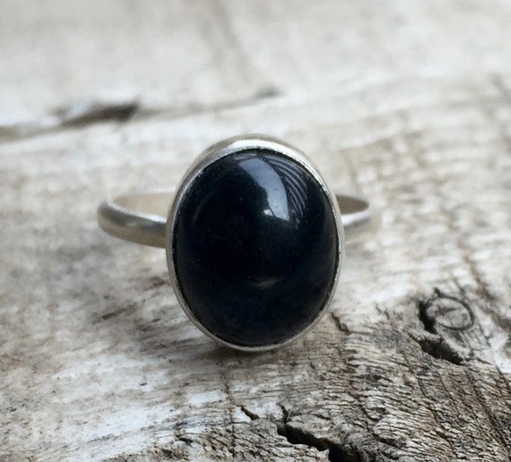 Minimalist Oval Black Onyx Sterling Silver Solitaire Ring Silver