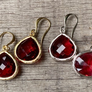 Bright Red Glass Gold or Silver Dangle Teardrop Earrings | Wedding Jewelry | Bridesmaid Jewelry | Red Stone Earrings | Gold Dangles