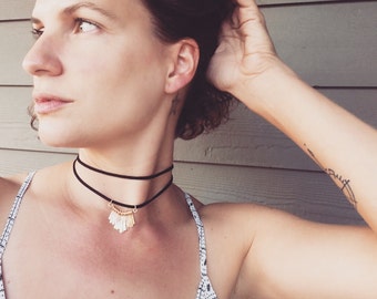 Edgy Black Leather and Gold Fringe Pendant Choker Necklace | Leather Choker | Layered Necklace | Boho