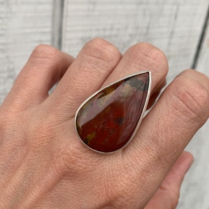 Pear Shaped Red Orange Yellow Bloodstone Sterling Silver Statement Ring | March Birthstone Ring | Edgy Goth Boho | Bloodstone Ring | Size 10