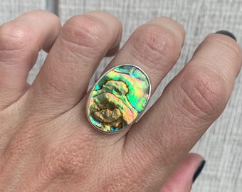 Oval Gold Orange Blue Green Round Paua Shell Elegant Sterling Silver Ring | Beachy | Paua Shell Ring | Mermaid Jewelry | Abalone Shell Ring