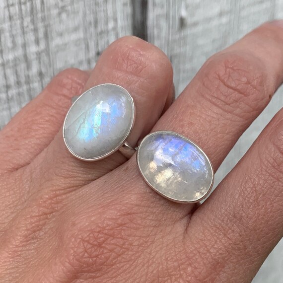 Sterling Silver Large Oval Rainbow Moonstone Ring Sterling Silver Large Oval Rainbow Moonstone Ring