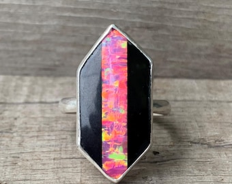 Elongated Hexagon Hot Pink Bello Opal Black Ceramic Inlay Sterling Silver Ring | Made to Order | Geometric Jewelry | Retro Vibe | Neon