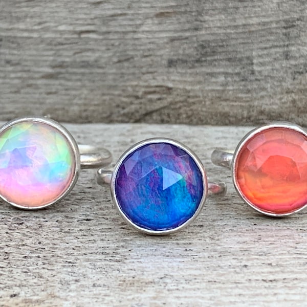 Neon Bright Faceted Aurora Opal Doublet Sterling Silver | Fun Sterling Silver Ring | Neon Stone Ring