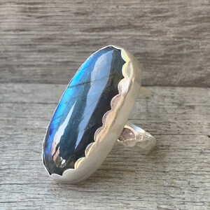 Large Oval Bright Blue Flash Labradorite Sterling Silver Ring with Scallop Setting Large Oval Blue Stone Ring Protection Stone Size 7 image 6