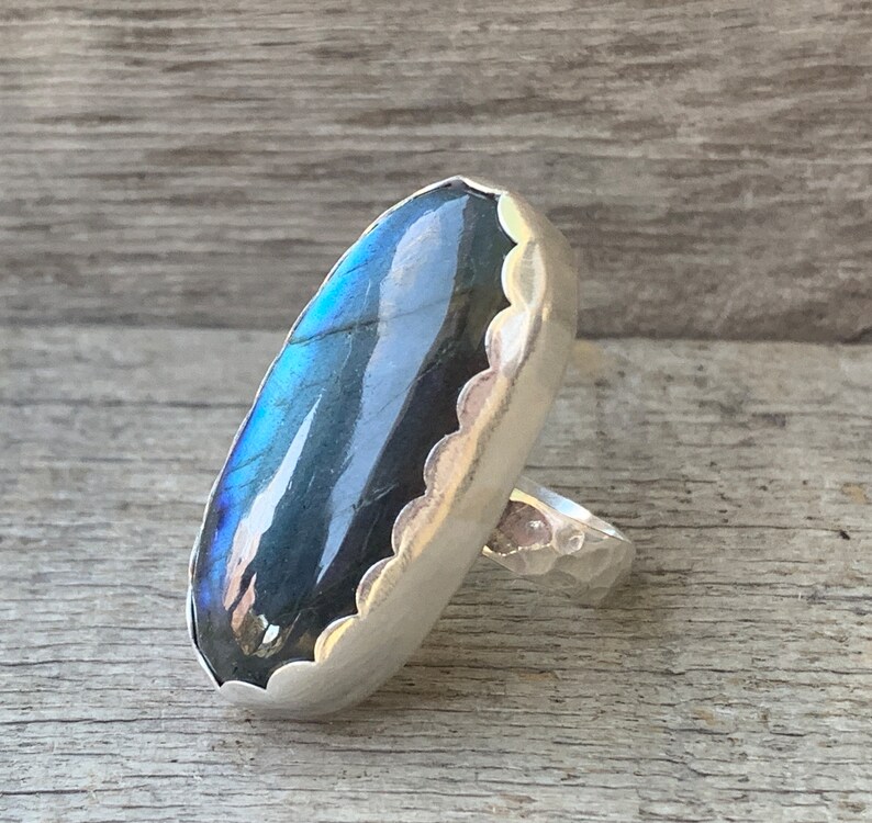 Large Oval Bright Blue Flash Labradorite Sterling Silver Ring with Scallop Setting Large Oval Blue Stone Ring Protection Stone Size 7 image 6