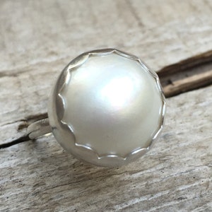 Large Elegant White Pink Gray or Blue Mabe Pearl AAA in Sterling Silver with Scalloped Bezel | Boho | Mermaid Jewelry | June Birthstone