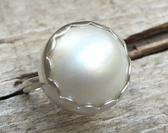 Large Elegant White Pink Gray or Blue Mabe Pearl AAA in Sterling Silver with Scalloped Bezel | Boho | Mermaid Jewelry | June Birthstone