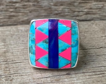 Square Inlay Turquoise Pink Agate Dark Blue Opal Sterling Silver Ring | Multi Stone Ring | 90's Jewelry | Retro Vibe | Opal Ring | Boho
